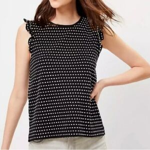 LOFT Black White Textured Dot Sleeveless Top Ruffle Shoulders Size XS